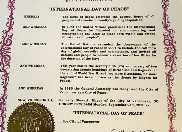 City of Vancouver Proclaims International Day of Peace